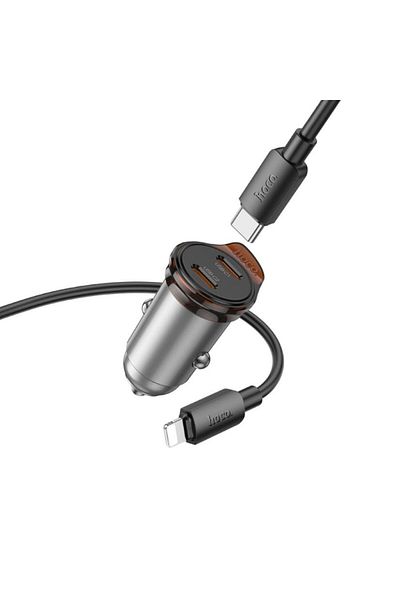 REDz Accessories Set încărcător auto iPhone, cablu Lightning Hoco Nz16b 1m, încărcare rapidă 45w, gri