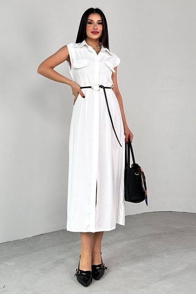 Cappmoda ELB-01783 Καλοκαιρινό φόρεμα με λευκό γιακά με ζώνη με μηδενικό μανίκι