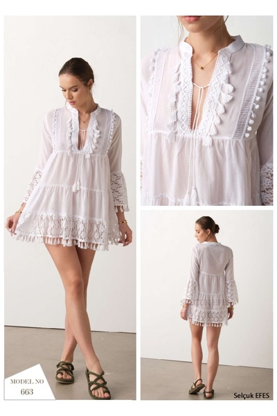 Selçuk EFES Dantel Detaylı Beyaz Plaj Tunik