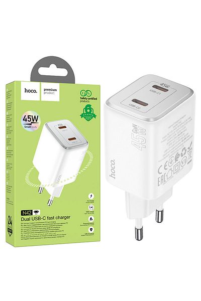 REDz Accessories Adaptor dual Type-C, HOCO N42, putere 45W, tehnologie GaN, alb