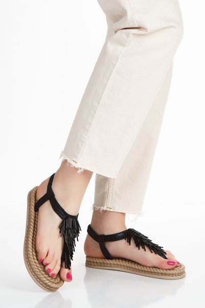 HAYAT SHOES Wicker Flip Flops Handmade Sewn Stone Pipe Black Stylish Women's Sandals