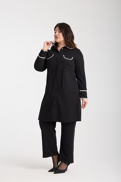 Moda Days Embroidered Black Buttoned Tunic Trousers Set - Women's Two Piece Set