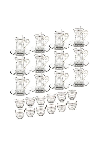 Dania 48-piece silver-striped glass tea and coffee cup set with metal handle for 12 people