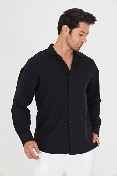 ZİNOX Cămașă pentru bărbați cu mânecă lungă material elastic din țesătură Dabıl, cu guler Apaç, cu umăr dezactivat supradimensionat