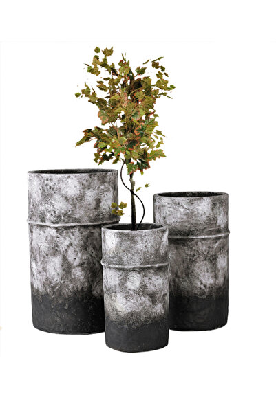 DRAMA HOME Artificial Planter and Tree Pot Set - Cylindrical Design in Gradient Grey and Black