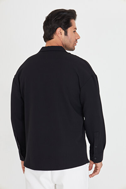 ZİNOX Cămașă pentru bărbați cu mânecă lungă material elastic din țesătură Dabıl, cu guler Apaç, cu umăr dezactivat supradimensionat