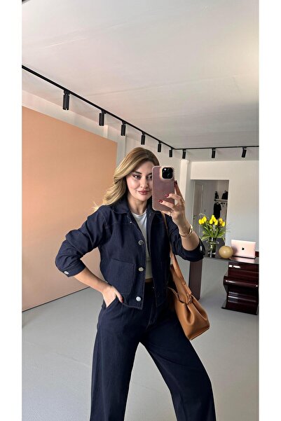 Sezgi Tekin Piliseli Lacivert Likralı Denim Palazzo Pantolon