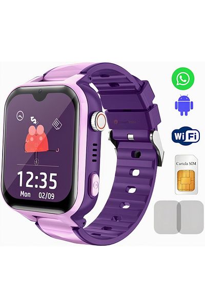 Smart Vibe Smartwatch WiFi for Kids 4G Video Call MiniWATCH® eKiD10 Localizare GPS, Cartela SIM, Purple