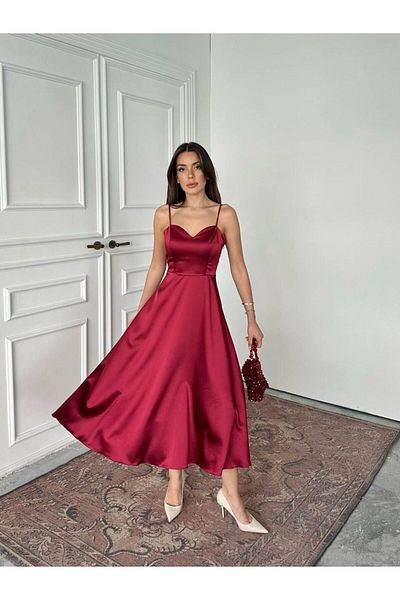 MAXMOOR Women's Burgundy Satin Strap Midi Dress
