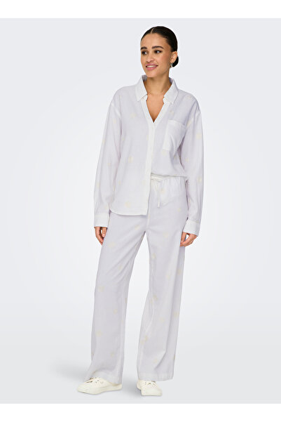 ONLY Orta Bel Rahat Beyaz Kadın Pantolon ONLCARO MW LINEN BL EMB WIDE PANT C