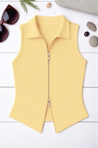 Gameyal Women's Comfortable Fit Polo Neck Ottoman Fabric Zero Sleeve Double Zipper Vest