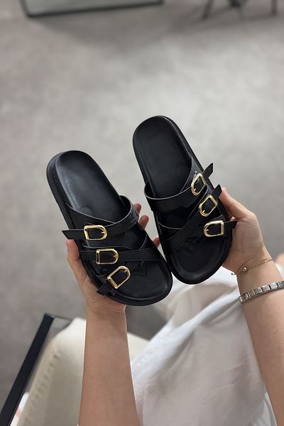 SHOEBELLAS Chani Black Piping Detailed Women's Slippers