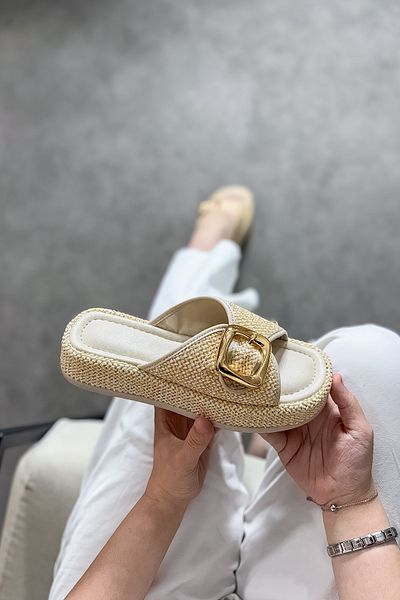 SHOEBELLAS Mias Wicker Gold Buckle Detailed Women's Slippers