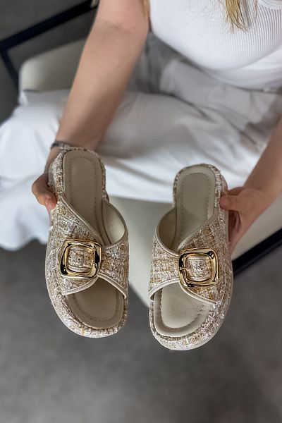 SHOEBELLAS Mias Beige Gold Buckle Detailed Women's Slippers