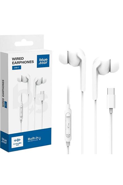 REDz Accessories Type-C Wired Headphones, Blue Star M15C, Compatible with iPhone 15/16 and Android, 120cm, White