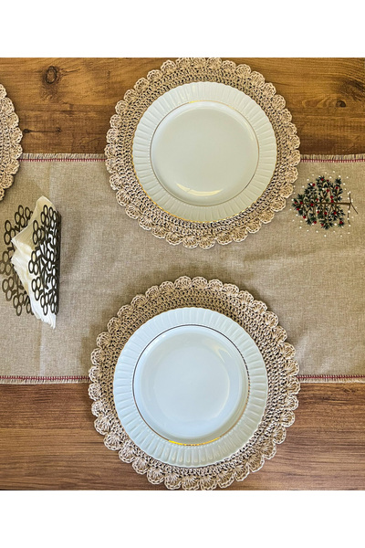 HANIMEFENDY Handmade Round Paper Rope/Wicker Plate 2 Pieces - 36X36 cm (Light Cream)