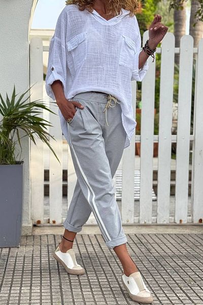 Güneşkızı Italian Gray Pocketed Side Striped Elastic and Tied Waist Loose Woven Trousers 96 36