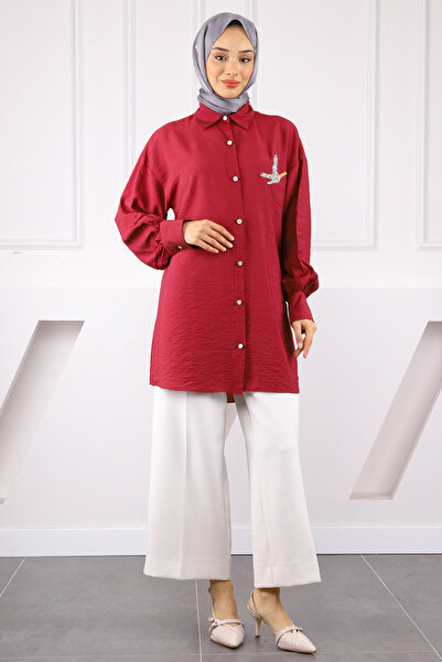 İmajButik Cămașă cu detaliu din piatră în față burgundy