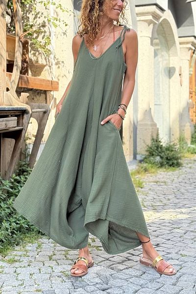 Güneşkızı Khaki Shoulder Tie Pocket Cotton Loose Woven Jumpsuit 135 60