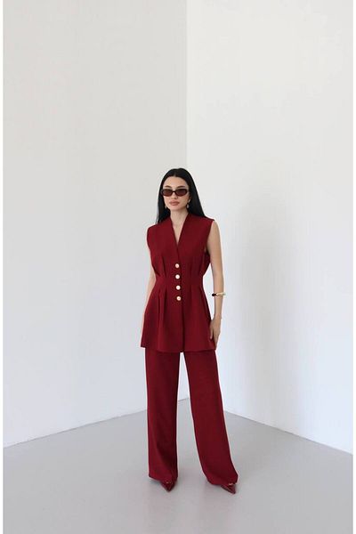 VOLT CLOTHİNG Kadın Belden Oturtmalı Gold Düğme Detaylı Astarlı Yelek Takım