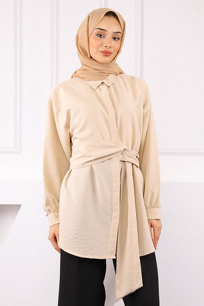 İmajButik Μπεζ ζωσμένο πουκάμισο με λεπτομέρεια ζώνης