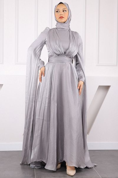 İmajButik Βραδινό φόρεμα με ντραπέ με γκρι λεπτομέρεια ώμου