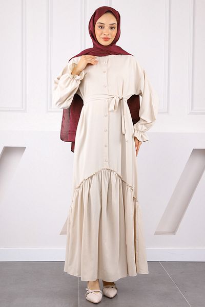 İmajButik Stone Skirt Gathered Waist Belted Linda Dress