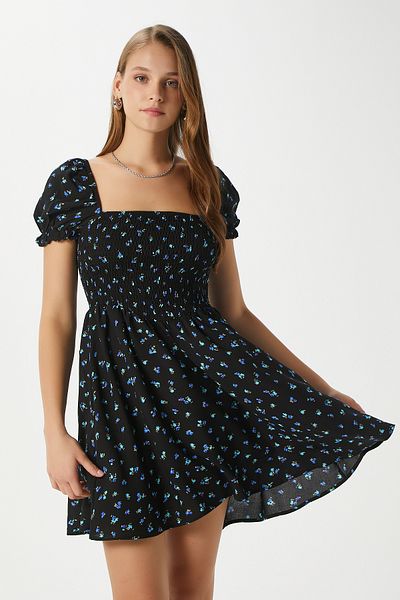 Ritnice Women's Ava Black Blue Floral Gimped Viscose Dress 17870