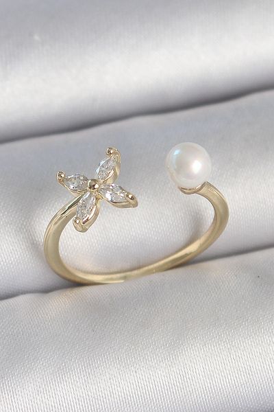 Skygo Brass Gold Color Zircon Stone Flower Model Pearl Detail Adjustable Women's Ring - Tj-Byk3727