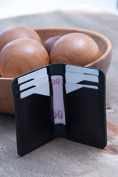 naft Servi 6+2 Compartment Unisex Vertical Leather Card Holder Wallet - Antique Black (Anthracite) - Keychain Gift Set