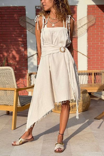 Güneşkızı Beige Strappy Asymmetrical Self-Belted Muslin Dress That Can Be Casual Woven Skirt 85 60