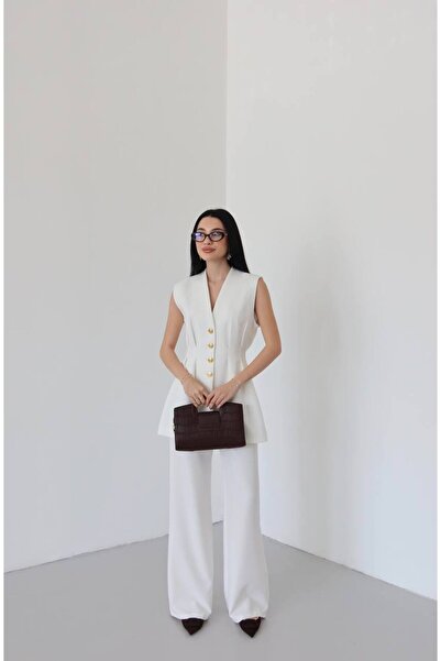 VOLT CLOTHİNG Kadın Belden Oturtmalı Gold Düğme Detaylı Astarlı Yelek Takım