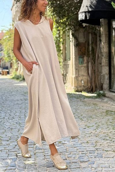Güneşkızı Beige Hooded Sleeveless Pocket Slit Cotton Loose Woven Dress 120 60