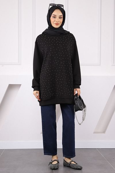 İmajButik Black Crew Neck Stone Modal Tunic