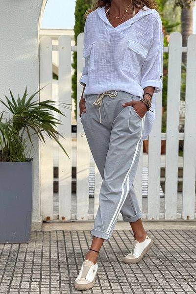 Güneşkızı Italian Gray Pocketed Side Striped Elastic and Tied Waist Loose Woven Trousers 96 36