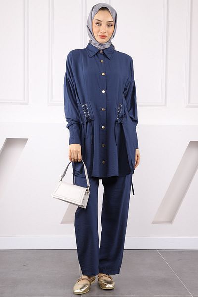 İmajButik Σετ παντελόνι Modal Tunic με μανίκια και κορδόνια σε μπλε ναυτικό