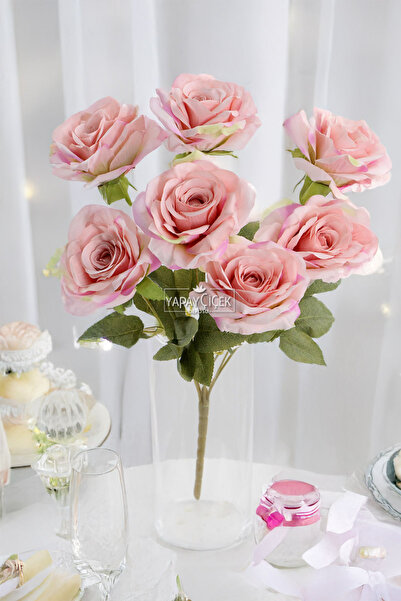 Yapay Çiçek Deposu Yapay Çiçek 7 Dallı Puket Gülü Demeti 40 cm Ebruli Pembe