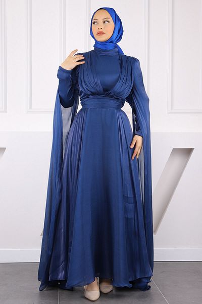 İmajButik Βραδινό φόρεμα Saks Blue Shoulder με ντραπέ