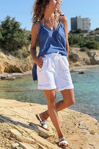 Güneşkızı White Pocket Washed Elastic Waist Loose Woven Shorts 50 30