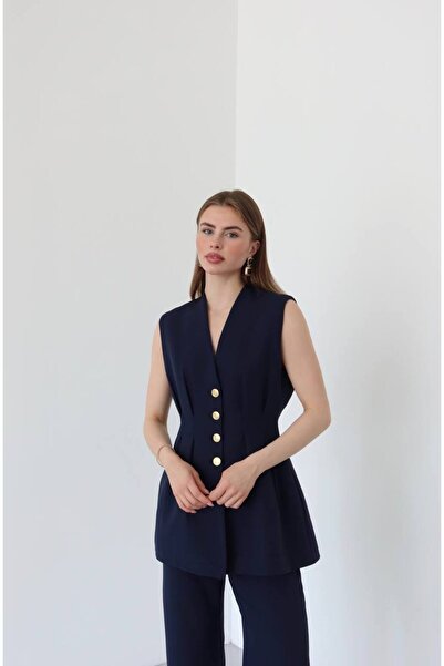 VOLT CLOTHİNG Kadın Belden Oturtmalı Gold Düğme Detaylı Astarlı Yelek Takım