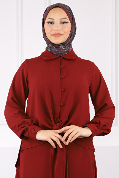 İmajButik Claret Red Front Tie Shirt Skirt Suit