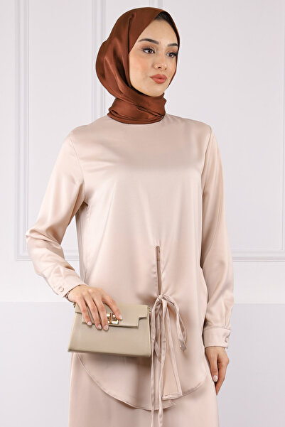 İmajButik Beige Front Tie Tunic Skirt Satin Suit