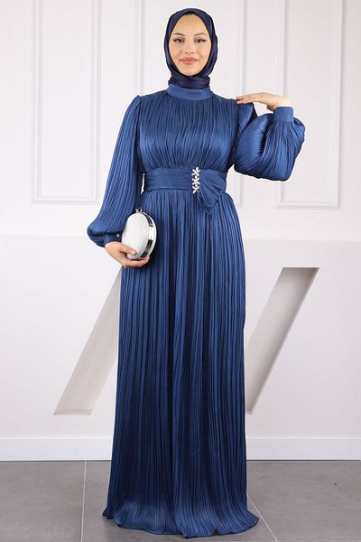 İmajButik Βραδινό φόρεμα από σιφόν με πλισέ μπλε ναυτικό