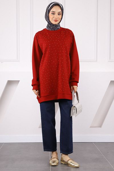 İmajButik Burgundy Crew Neck Stone Modal Tunic