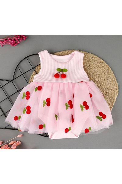 XORVİO Girl's Tulle Dress Summer Cotton Evening Dress Wedding Dress Gift Stylish Pink Cherry Pattern Baby Dress