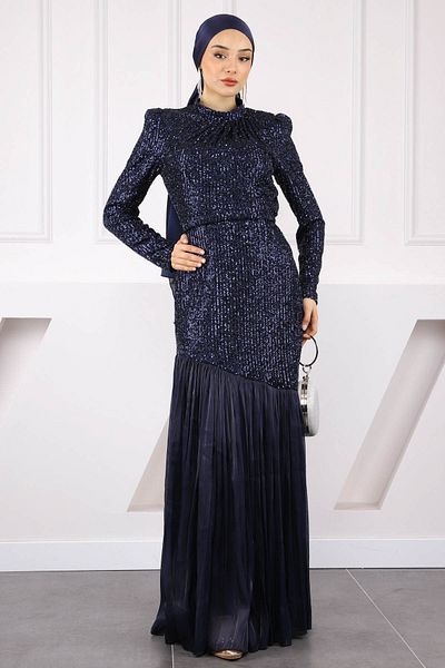 İmajButik Navy Blue Sequined Skirt Pleated Evening Dress
