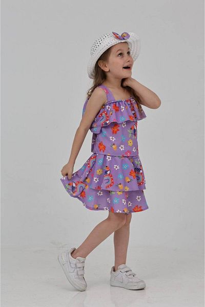 ARBİ kids Girl's Katkat Straw Hat with Straps, Double Summer Vacation Suit