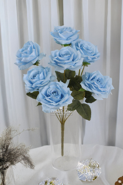 Yapay Çiçek Deposu Yapay Çiçek 7 Dallı Puket Gülü Demeti 40 cm Açık Mavi
