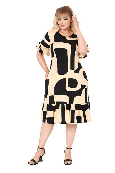 MELSAY Women's Beige Large Size Short Sleeve Skirt Ruffled Picasso Pattern Midi Dress