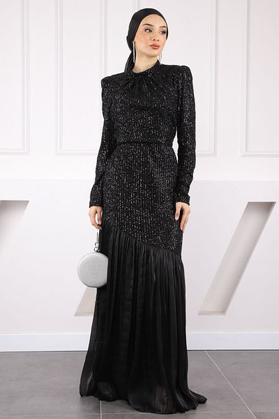 İmajButik Βραδινό φόρεμα με μαύρη παγιέτα με πλισέ